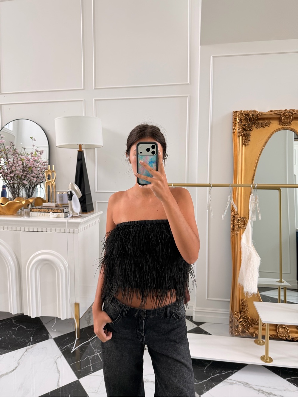 Gianni Bini Black Feathered Crop Top - Picture 4 of 5